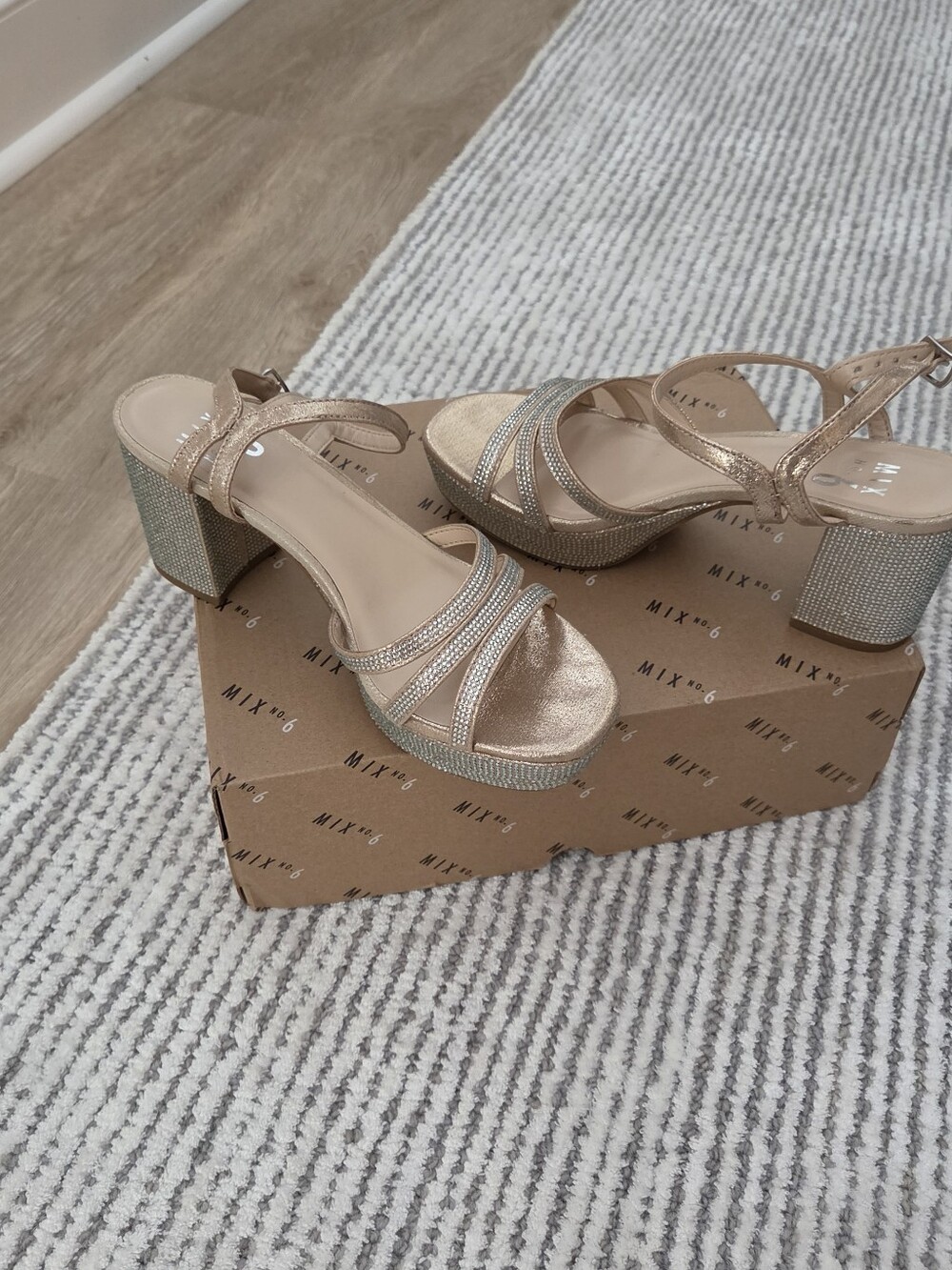 Women's Rose Gold Block Heel Sandals with Rhinestone Straps